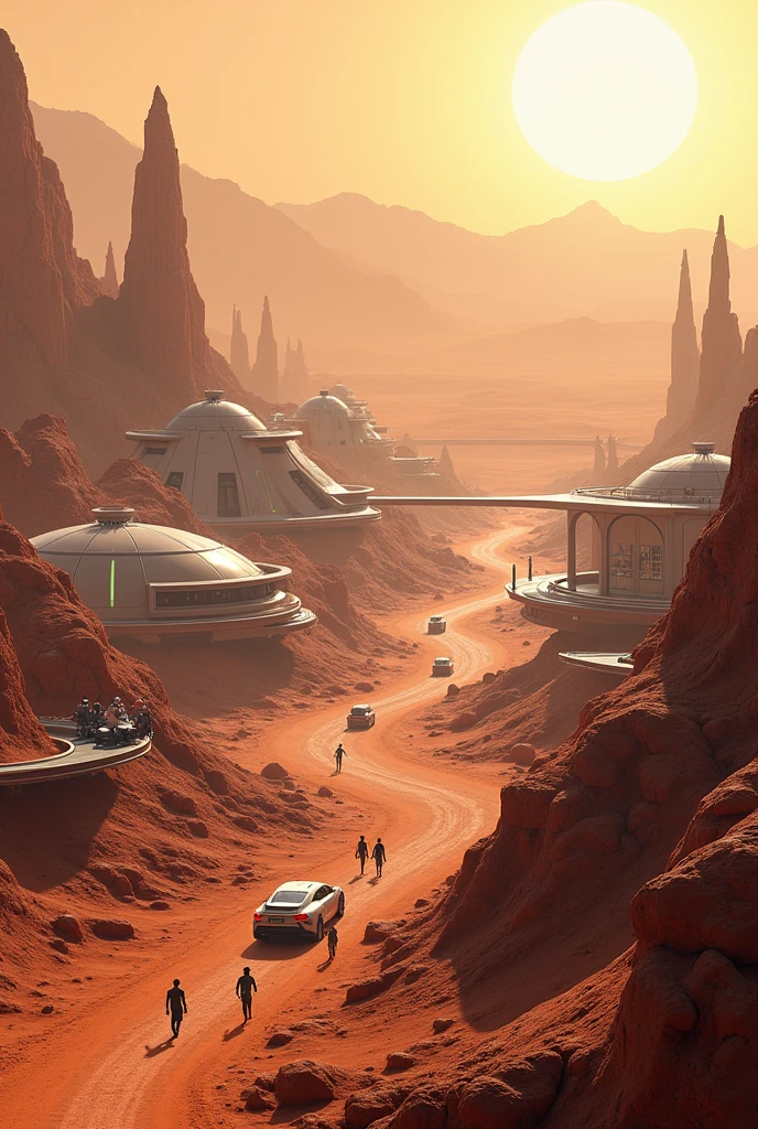 CREATE A PICTURE OF TODAY'S TECHNOLOGY IN MARS HABITAT, WITH HOUSES, TODAY'S CAR CITIES