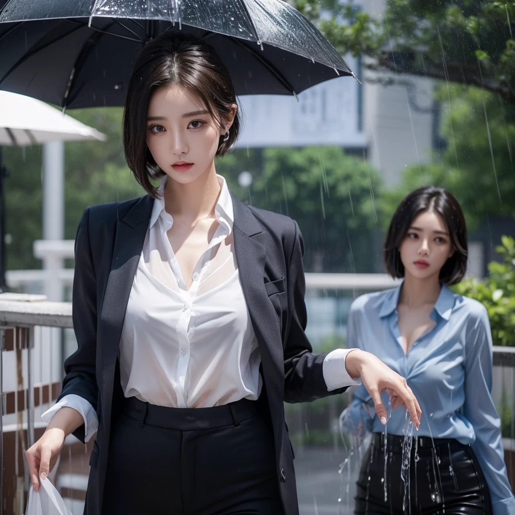 exy pose、Hair getting wet in the rain、Mr.々Hair style、Short Hair、Transparent shirt、Beautiful woman getting wet in the rain、typhoon、Get wet without an umbrella、Beautiful woman in the rain、雨で濡れたBeautyOL、Detailed face、Realistic、beautiful girl、Beauty、Office Lady Uniform、beauty、Beautiful woman、Narrow waist、Handsome woman、Tight pants look、suit、Sexy pose、タイトなsuitパンツ、雨で濡れたsuit、Wet naked shirt、See-through shirt、Shot in heavy rain、Naked shirt、Gaudy colored underwears