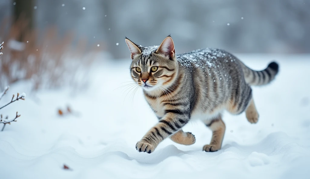 (photorealism:1.2), Photo of a graceful cat running on a snow-covered path, shot on a Canon EOS R5 with a depth of field f2.8, 85mm lens, 32k resolution, natural light, and realistic snow details --v 5 --q 3 --uplight