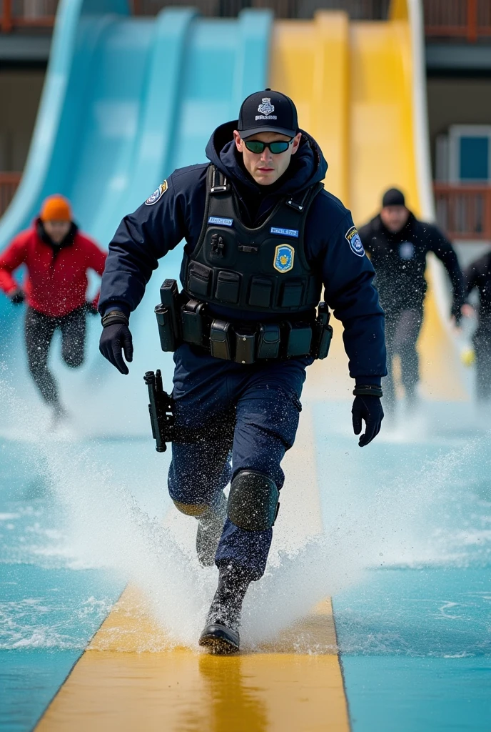 Un CRS qui poursuit des manifestants sur un toboggan aquatique