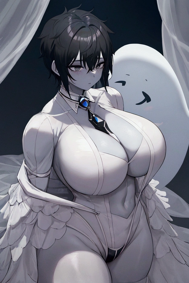 A ghost boy, femboy, gray skin, short black hair, totally black eyes, with thick thighs and a huge backside