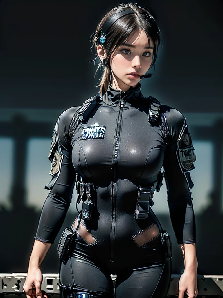 (One Woman),(((A female SWAT officer is talking on an intercom:1.5))),(((Black tactical bodysuit:1.5))),(((black special forces equipment:1.5))),(((Black headset:1.5))),(short hair:1.5),(front),(Beautiful Eyes:1.3),(Serious face:1.5),(Very detailedな顔:1.5),((Very detailed drawing of a female hand:1.5)),((muscular:1.5)),(Sexy Looks:1.5),((Thick thighs:1.5)),(Well-built:1.5),(Beautiful body:1.5),((Very sensual:1.5)),(Dark ruins in the background:1.5),(((Blur the background:1.5))),(Written boundary depth:1.5),BREAK(((masterpiece:1.5),(highest quality:1.5),(Very detailed:1.5),(High resolution:1.5),(Realistic:1.5),(Realistic:1.5),(Delicate depiction),(Careful depiction))),8k,wallpaper