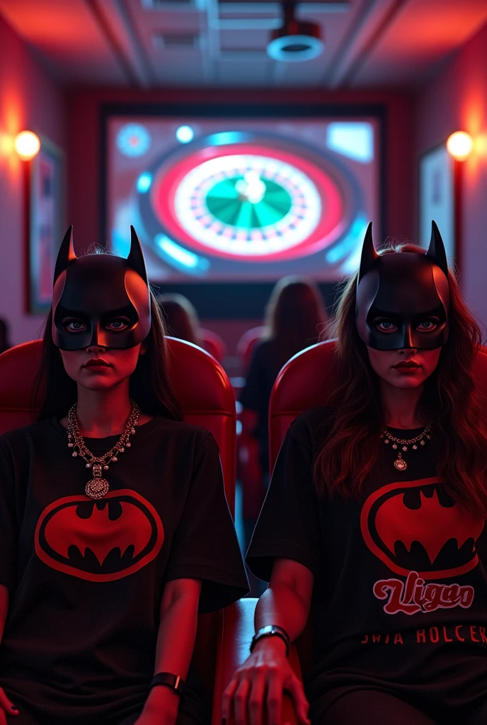 A personalized movie theater with medals, roulette frame, roulette course certificate on the wall and a projector projecting the roulette game in the center of the room , women without army vest t-shirt with roller print, diamond chains and Rolex on the wrist, Batman Mask, with the roller print and Batman masks