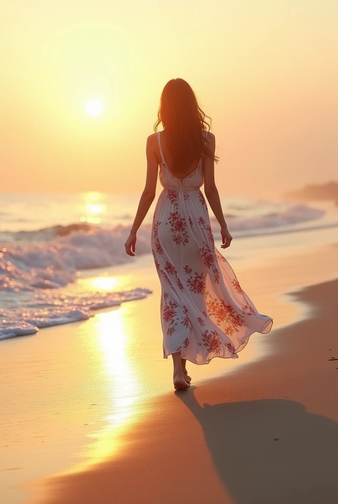 (photorealism:1.2), Wearing a flowy maxi dress with floral patterns, she is strolling along the sandy shores of a beach at dawn, with the gentle waves touching her feet and the first light of day illuminating the horizon.