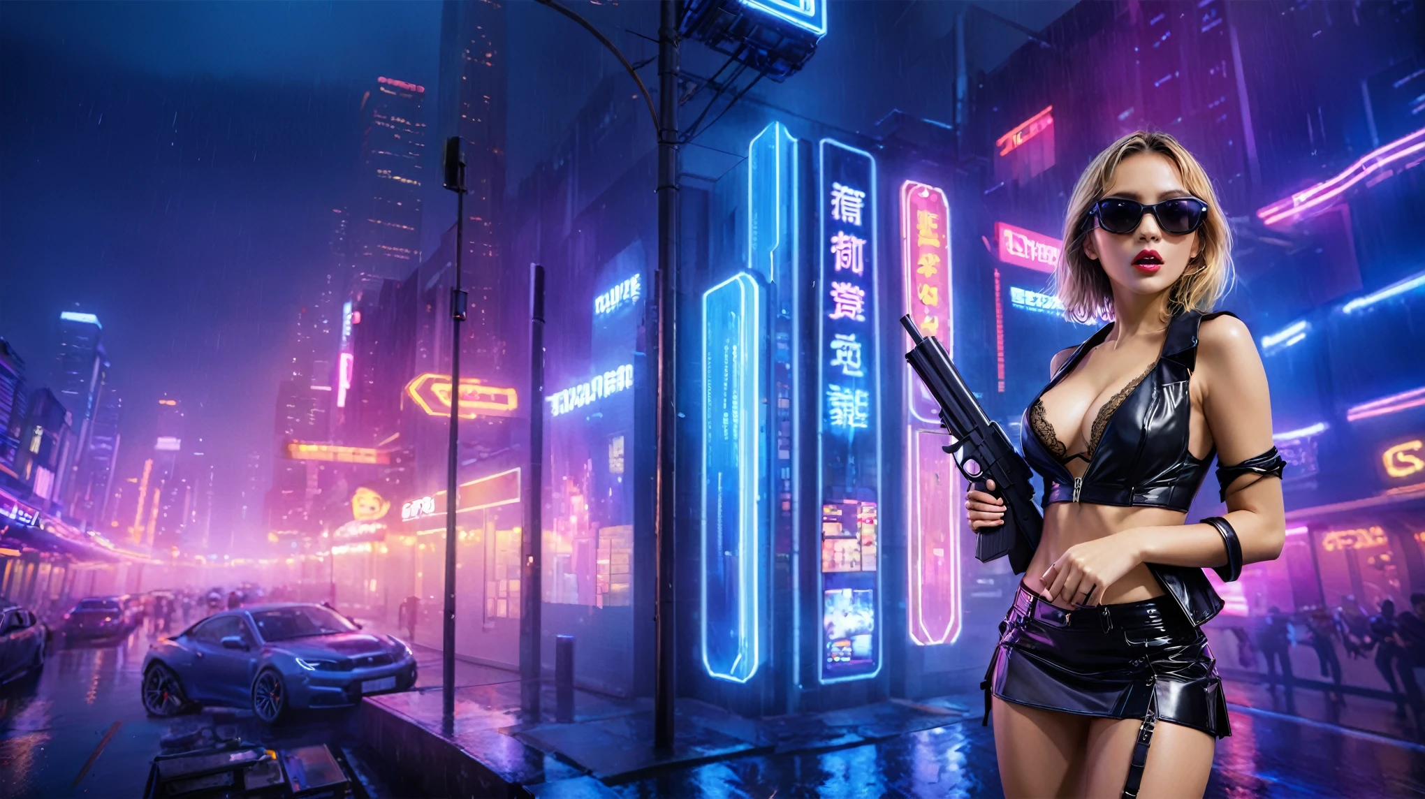 Blade Runner style futuristic city, flying cars, neon lights, rainy night. (1girl, solo, alone), large-breast:1.2 slim body, slim face, cleavage:1.1, sexy laced lingerie, very low angle view miniskirt, jacket, (black micro sunglasses), (holding a short gun), running pose, half-body thigh level medium shot, cinematic lighting, ray tracing.