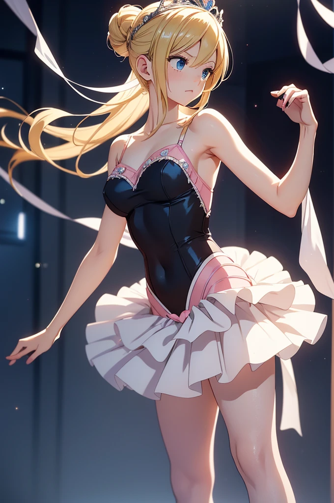 Create an image of Sanji from One Piece reimagined as a graceful and elegant young ballerina. She has her signature blonde hair styled in a sophisticated ballet updo, perhaps with a few delicate strands softly framing her face. Her bright blue eyes are expressive and full of focus, capturing both the determination and the refined charm of a ballerina.
She is dressed in a classic and beautiful ballet costume that emphasizes her poise and grace:
Top: A fitted, elegant leotard or bodice with delicate details such as lace or sequins, enhancing her graceful silhouette. The leotard is in a soft pastel color or a classic ballet pink, adding to the ballet aesthetic.
Skirt: A voluminous tutu that flares out gracefully from her waist. The tutu is layered and made from lightweight, airy fabric like tulle, with intricate details or embellishments around the edges.
Footwear: Traditional ballet slippers in a matching color, designed with a delicate ribbon that ties around her ankles. The slippers should be polished and well-fitted, complementing the ballet attire.
Accessories: A delicate tiara or hair accessory that adds a touch of elegance to her ballet look. The tiara could be adorned with small gems or pearls, enhancing her sophisticated appearance.
Sanji's posture is poised and elegant, captured in a classic ballet pose such as an arabesque or a graceful plié. Her expression is serene and focused, reflecting both the beauty of ballet and her own charismatic presence.
Every detail, from the texture of the tutu to the delicate ribbons on her ballet slippers, is rendered with precision. The image should be visually stunning and captured in 8K resolution, ensuring that every aspect of her appearance is portrayed with high quality, resulting in a perfect and captivating representation of Sanji as a young ballerina.