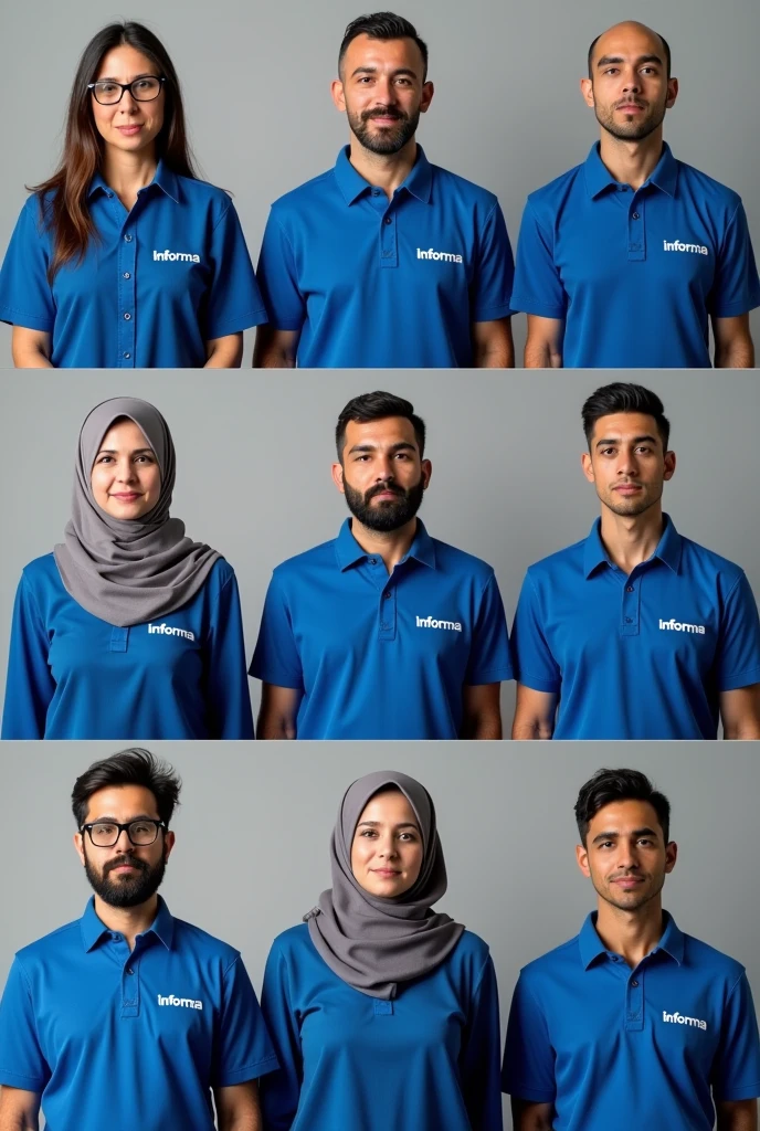 Total photos of 8 people consisting of 6 men wearing blue shirts with the words "Informa" written on their chests with the name "Best" Ricky Doro Dika Jaya Iqbal, 1 woman wearing a gray headscarf, slightly fat, wearing a blue shirt with the words "Informa" written on her chest with the name "Novi" in the middle, 1 man who is slightly fat, wearing a gray shirt with the words "Informa" written on his chest with the name "Salman" in the middle of the photo