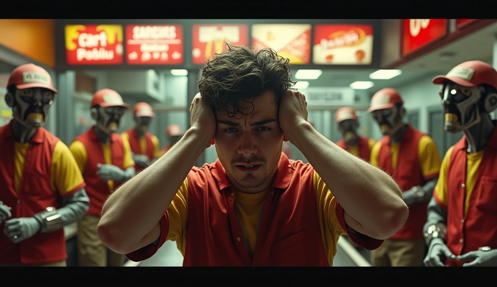 A scene with McDonald&#39;s attendants working in red and yellow uniforms, a young man standing in the center highlighted, exhausted, with both hands pulling the hair, in despair, sobbing, semi realistic, cinematic. They are all working rats