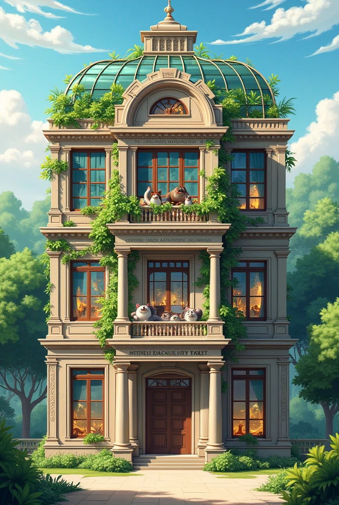 A three-story animal museum, In the last one there is a greenhouse with a garden Outside, Structure
