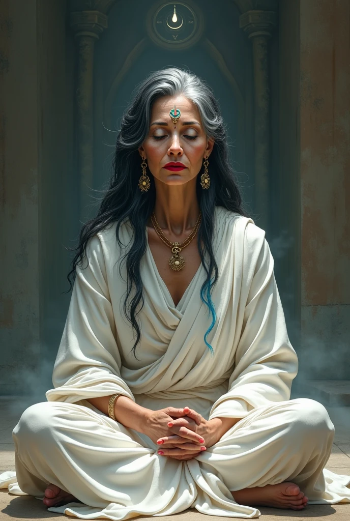 Oracle avec des yeux blancs, des symboles sur son front, des cheveux noirs avec des mèches blanches et des pointes bleues, des oreilles à quatre boucles d'oreilles, une bouche rouge. Elle porte une toge blanche et est assise en tailleur. Elle est un peu agée
