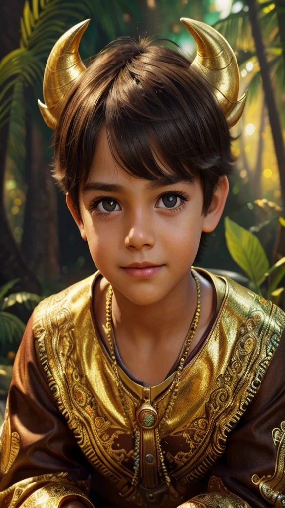 A mischievous young boy with big eyes, detailed face, long lashes, cute expression, playful pose, colorful outfit, vibrant background, cinematic lighting, fantasy digital art, highly detailed, 8k, photorealistic, dramatic lighting, warm colors, a buffalo sitting near him, god like beauty, wearing gold ornaments , forest background, he was sitting on buffalo's body