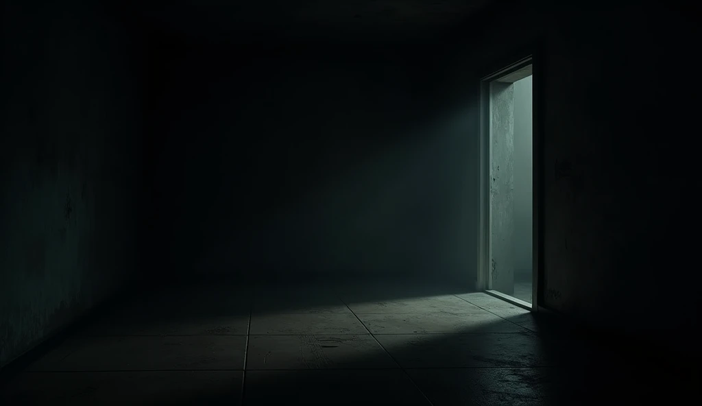 
A dark room with a faint light glowing in one corner, casting eerie shadows on the walls.