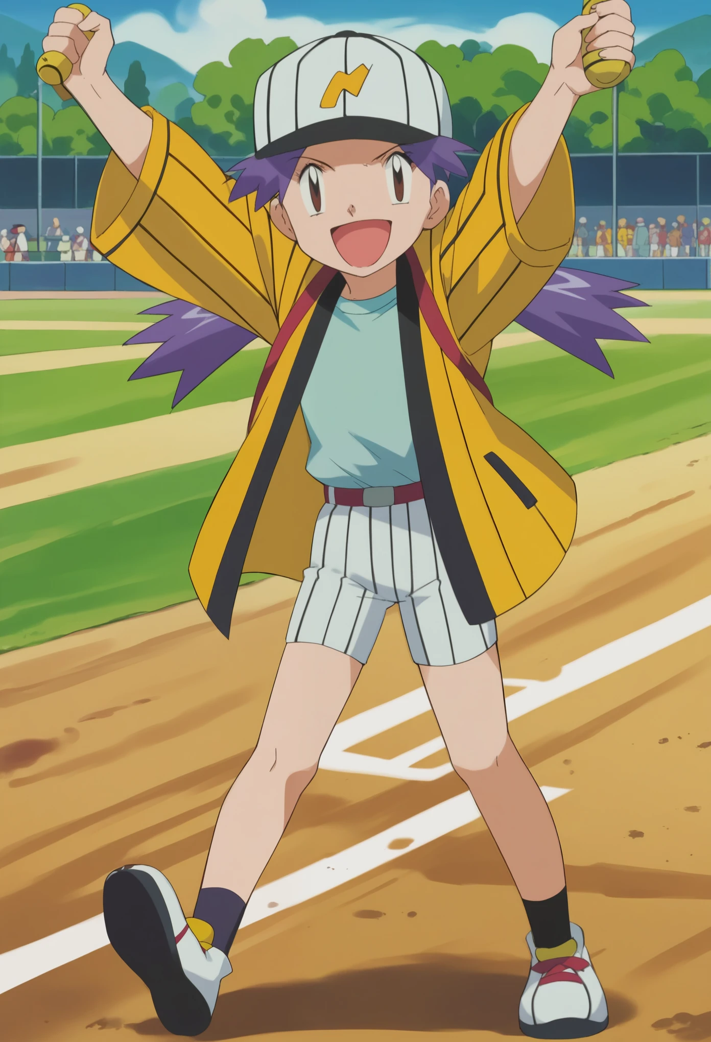 score_9, score_8_up, score_7_up, source_anime,zettai ryouiki,1girl,solo,casey \(pokemon\),brown eyes,purple hair,small breasts,bangs, shirt, hat, standing, jacket, white shirt, smile, Open your mouth just a little,white shorts,yellow jacket,baseball cap,white cap,happy,full body,in village,baseball cleats,