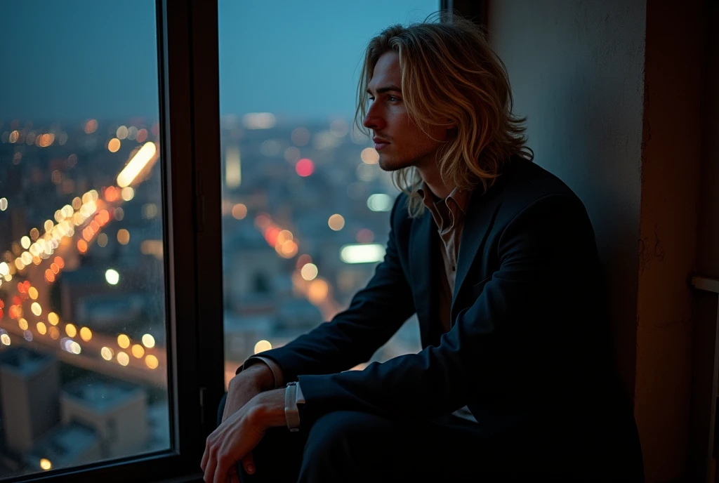 a photograph of a handsome young adult male with long dirty blond hair sitting in a windowsill he looks deep in thought and is wearing a stylish silk suit, the window holds a view of the city at night from an upper floor, intricate details, beautiful and complex nighttime lighting, raw photography,