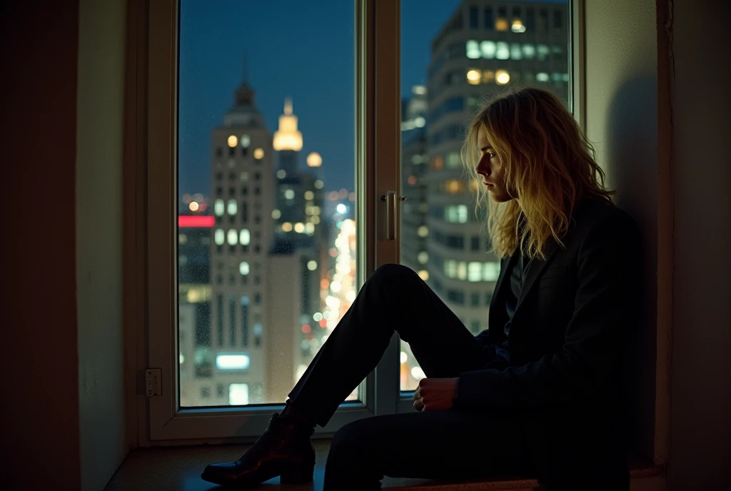 a photograph of a handsome young adult male with long dirty blond hair sitting in a windowsill he looks deep in thought and is wearing a stylish silk suit, the window holds a view of the city at night from an upper floor, intricate details, beautiful and complex nighttime lighting, raw photography,