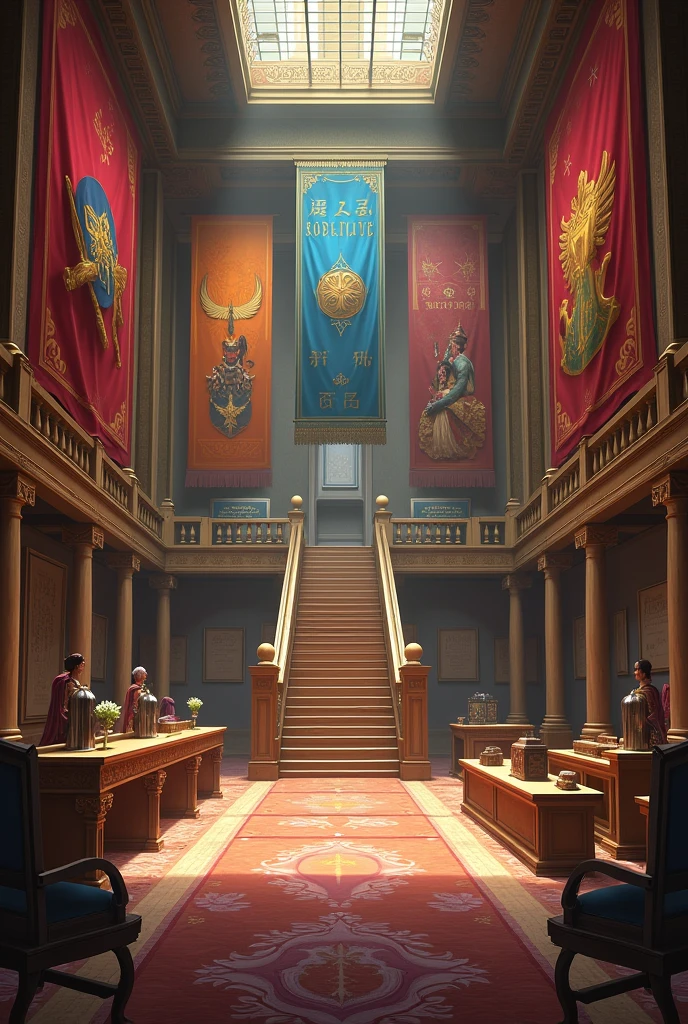 A large hall decorated with colorful cloth flags and paintings of warriors and mages from the past. At the far end of the hall, there is a counter separating the doors on the left and right. There are boards on the left and right walls. There is a long table and several long chairs on the left. There are two long chairs on the right. In the middle of the hall is a walkway, all made of wood.