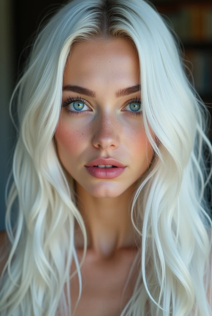 A girl with long white hair,pour the olive colors Stupsnase, full pink lips, deep blue eyes, high cheekbones