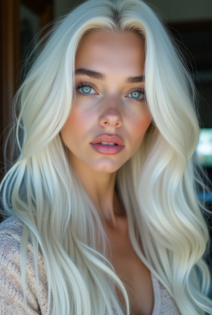 A girl with long white hair,pour the olive colors Stupsnase, full pink lips, deep blue eyes, high cheekbones