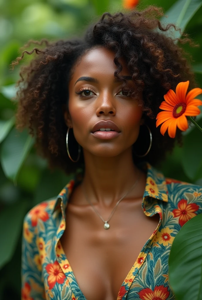 A Brazilian woman in a lush tropical garden, wearing an open shirt with a floral print, with a close-up capturing the harmonious beauty between her breasts and the natural flowers, showing off your natural charm and outgoing personality.