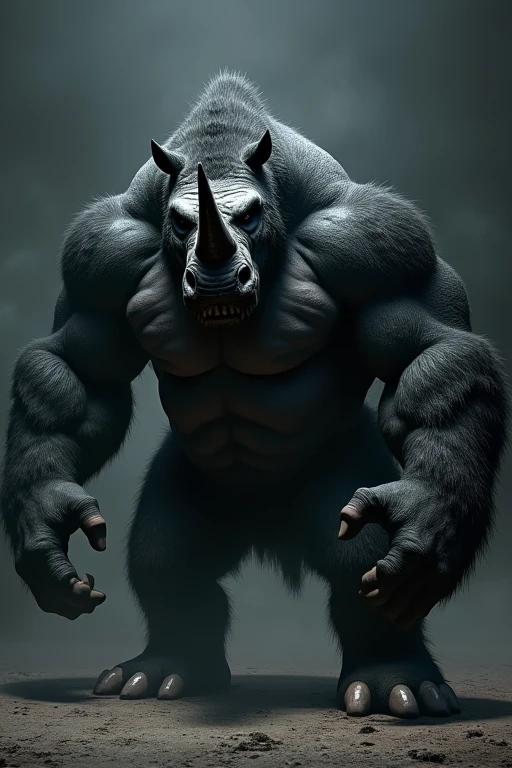 Face is a rhinoceros, body is a gorilla, color is black, angry