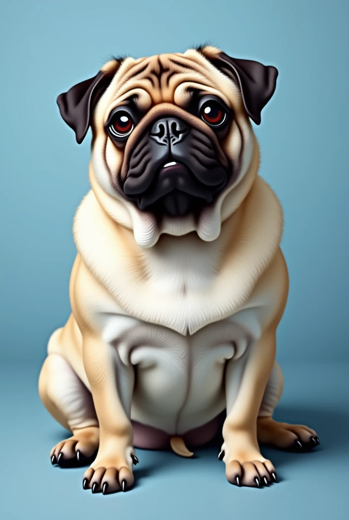 An oil painting of a cute pug wide full body portrait, sitting on floor, even studio light, blue backdrop, photorealistic