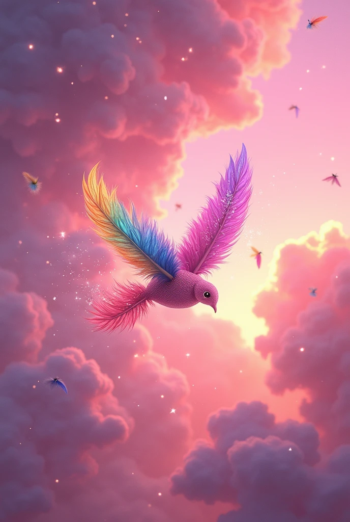 (((((Fantasy novels)))))) ((((beautiful 10))))) Tiny rainbow feathers and stardust fluttering in the pink sky　Sparkling air