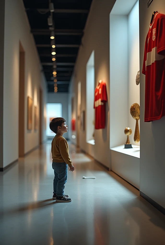 Child of 1,45 with visiting a football exhibition with only him at the museum 