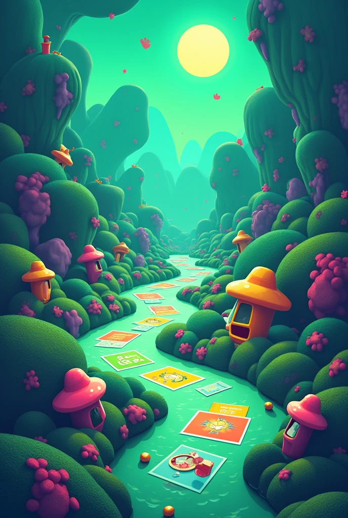 I want a 2D board game, in green and blue colors, with funk theme.
I also want there to be challenges like, tome 1 shot e etc.
I also want it to contain two rows with the sides of the dice, one horizontally and one diagonally. so that when the player rolls two physical dice it represents a challenge