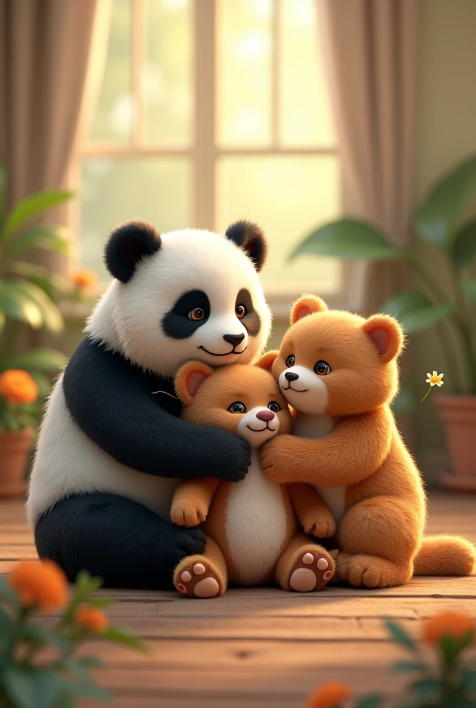 one panda one teddy bear one cat with each other friends goal