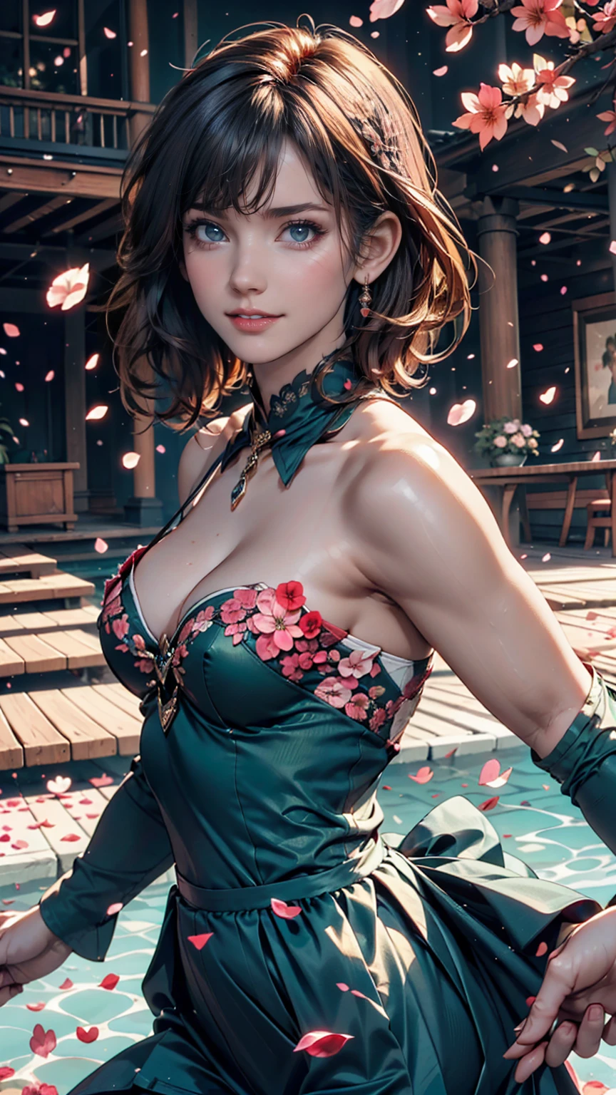 A playful and beautiful, delicate portrait of a girl with a boyish short haircut, Black Hair, Emerald Green Sea, Mischievous Smile, Dancing Petals, (Highest quality, masterpiece, Ultra-realistic) Floating petals in the background