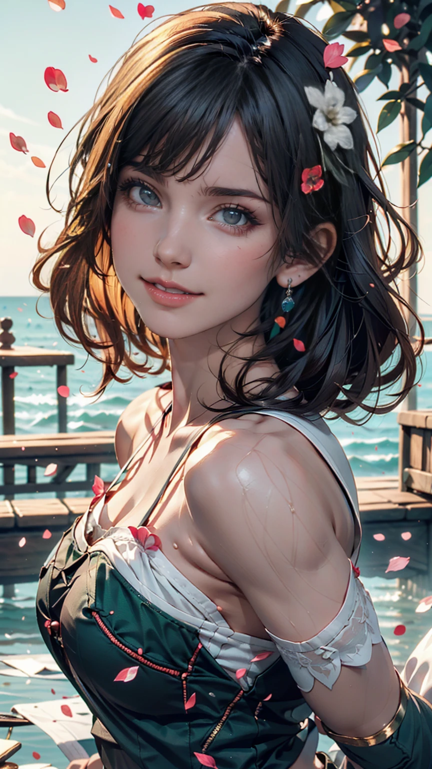 A playful and beautiful, delicate portrait of a girl with a boyish short haircut, Black Hair, Emerald Green Sea, Mischievous Smile, Dancing Petals, (Highest quality, masterpiece, Ultra-realistic) Floating petals in the background
