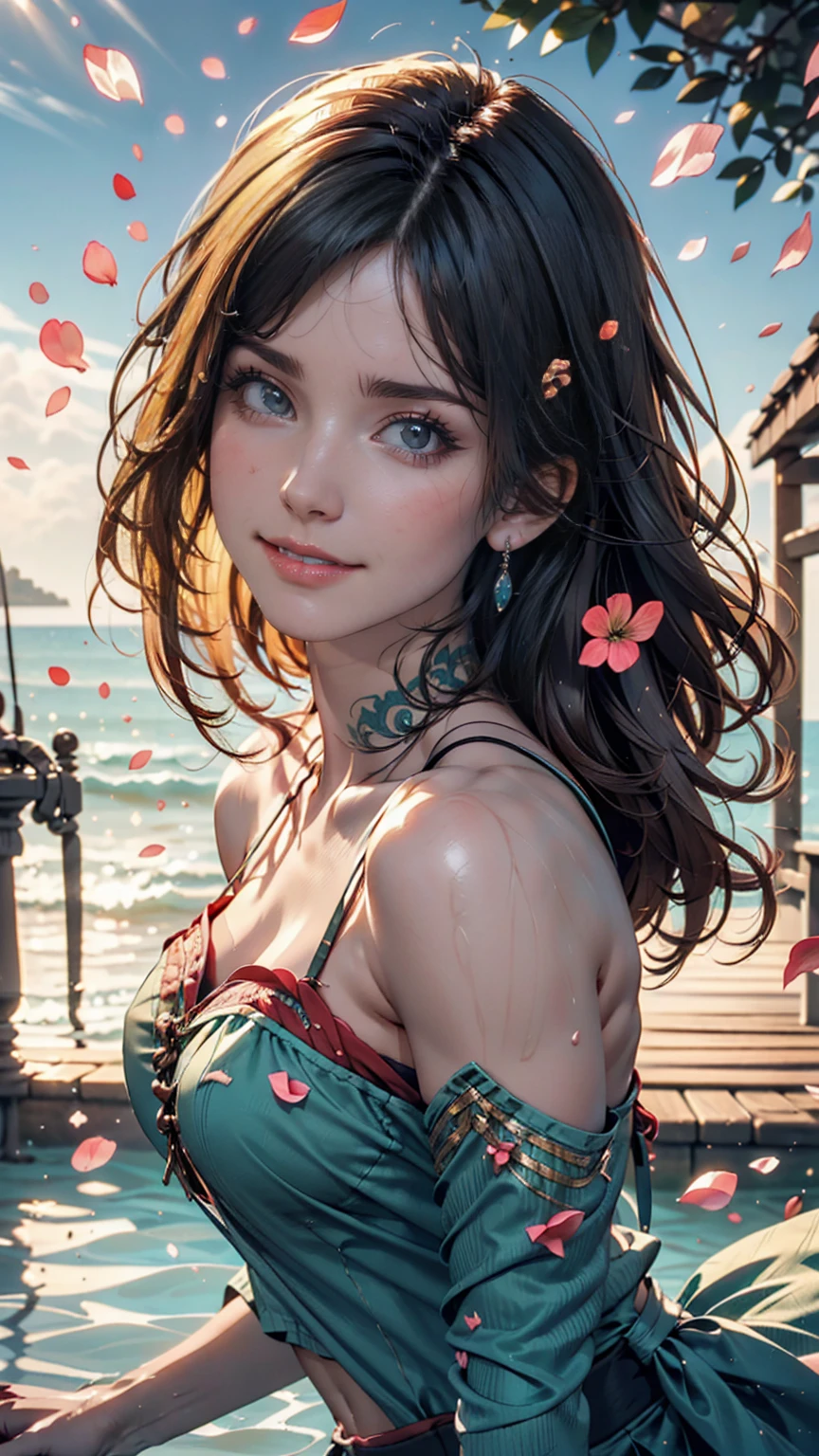 A playful and beautiful, delicate portrait of a girl with a boyish short haircut, Black Hair, Emerald Green Sea, Mischievous Smile, Dancing Petals, (Highest quality, masterpiece, Ultra-realistic) Floating petals in the background