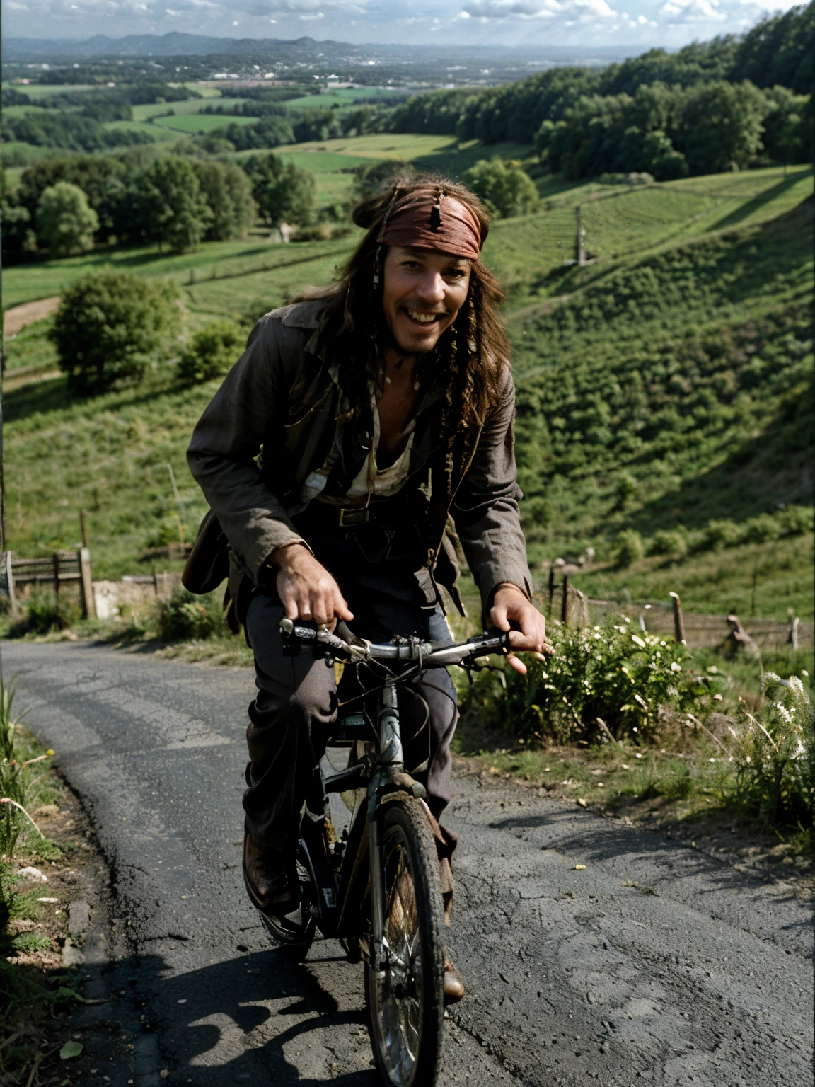 happy smiling 1980s german postman on his bike pedaling too fast down the hill, view from above, jack sparrow making fun of himself, rolling hills, mittelgebirge, sunny day, dark shaddows, some clouds, rural area, farming farmland