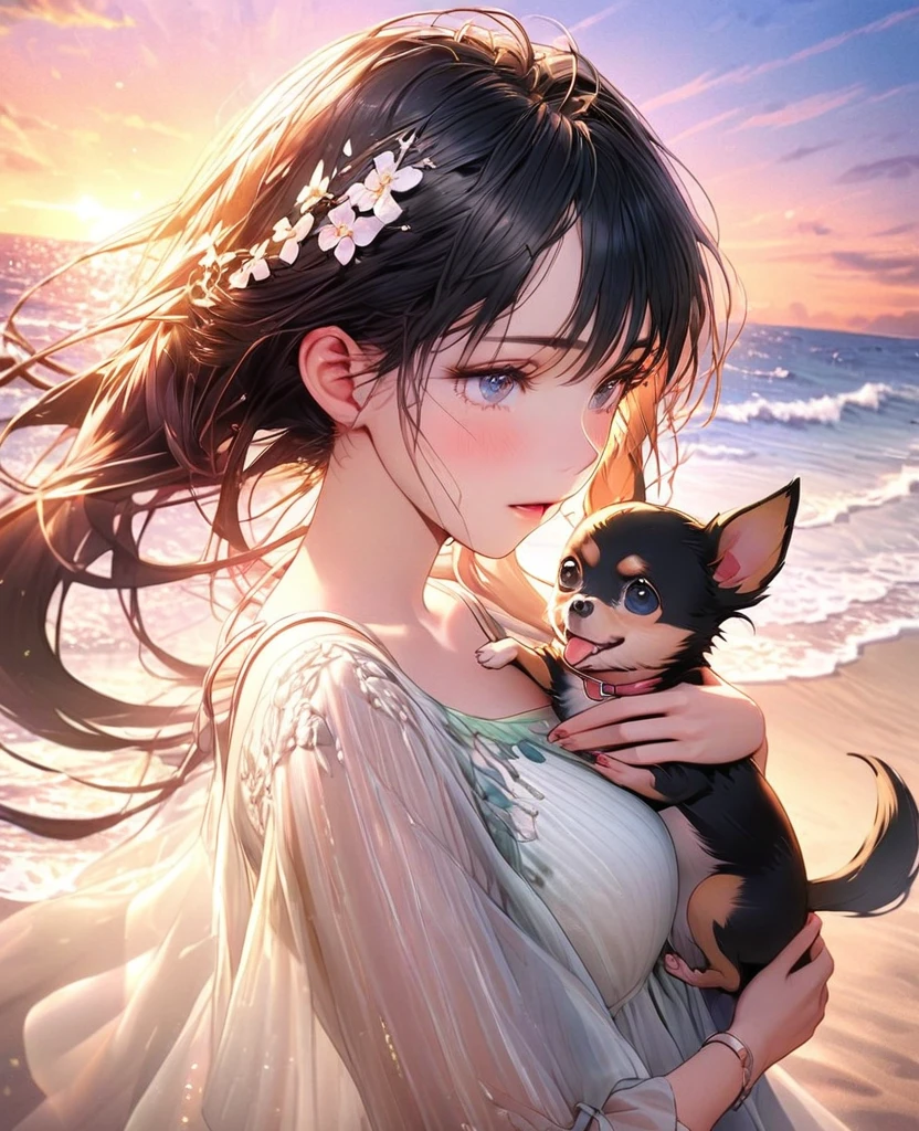 8k,Ephemeral beauty,Very delicate and beautiful,Beautiful and realistic skin,,Black Hair、Long and colorful hair,Beautiful Eyes,good,Beautiful sunset、dog(chihuahua)hug、dog cream color、Walking on the beach with my dog、casual、