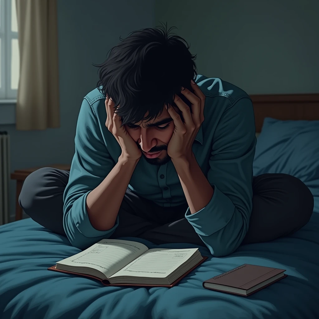 Vijay sitting on his bed, holding his head in despair after losing his job,the diary lying open next to him on the bed,reflecting his turmoil