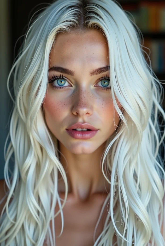 A girl with long white hair,pour the olive colors Stupsnase, full pink lips, deep blue eyes, high cheekbones