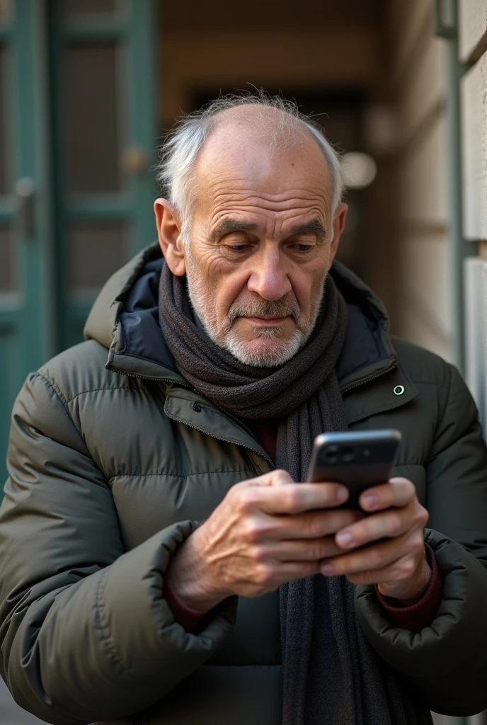 An old man has a mobile phone in his hand、Text message open
