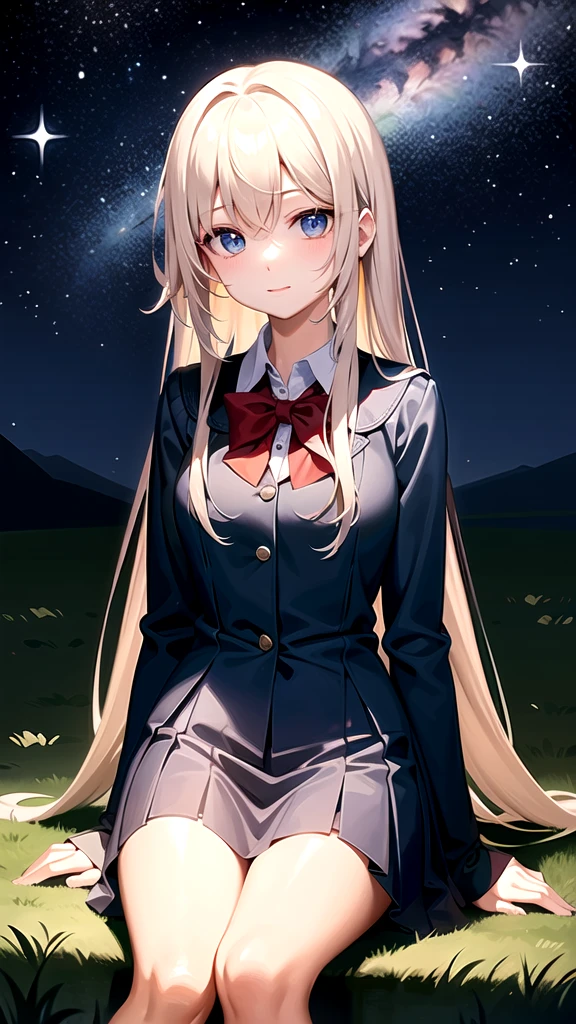 “A high school girl sitting on a grassy hill at night, gazing up at a starry sky. Her posture is relaxed, her silhouette softly illuminated by the pale glow of the stars. She wears a simple school uniform, and her long hair gently sways in the breeze. The vast night sky is filled with countless twinkling stars, and a faint Milky Way is visible. The atmosphere is calm and serene, with a touch of dreamy, nostalgic ambiance.”