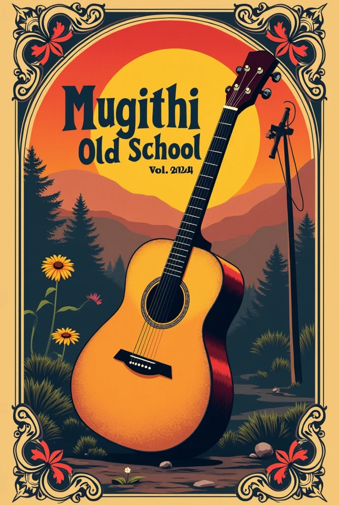 A poster of 1280 by 720 dimensions with a guitar and words mugithi old school mugithi vol 4 2024 with nice background