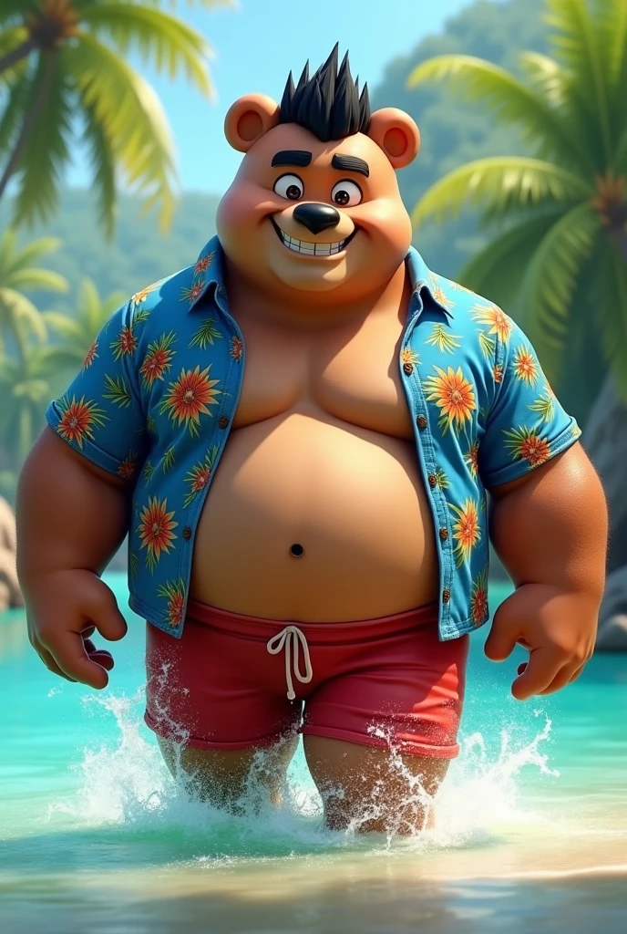 (((detailed eyes, detailed face))), (bara, kenji bear, short hair, spiked hair, black eyes), male, furry bear (solo), (plump, fat, chubby, overweight), (blue hawaiian shirt, red swim trunks, floral print), (walking in water), dynamic, smile, (soft shading), 8k, UHD, masterpiece, (full body)