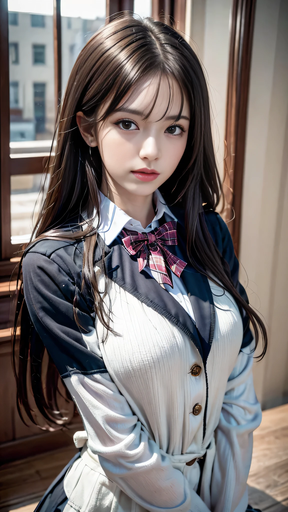 realistic, High resolution, soft light,1 female, alone, jewelry, Current school classroom,the biggest eyes,chest is low, long hair、((Farbe々Farbeのついた髪))(超Realistic)、(enlightenment)、(High resolution)、(8k)、(become very familiar with)、(best illustrations)、(fine and beautiful eyes)、(highest quality),(detailed face)、alone、1 girl in、looking at the viewer、become familiar with、detailed face、in the dark night、deep shadow、private key、Pure erotic face ace_、length、black shawl straight hair、46 point diagonal bangs,Female student、(white blazer、chest emblem)、translucent white blouse、red bow tie、( 明るいFarbeで,plaid)、,8k, highest quality, 超High resolution, table top, realistic, realistic, high contrast, photon mapping, real image,