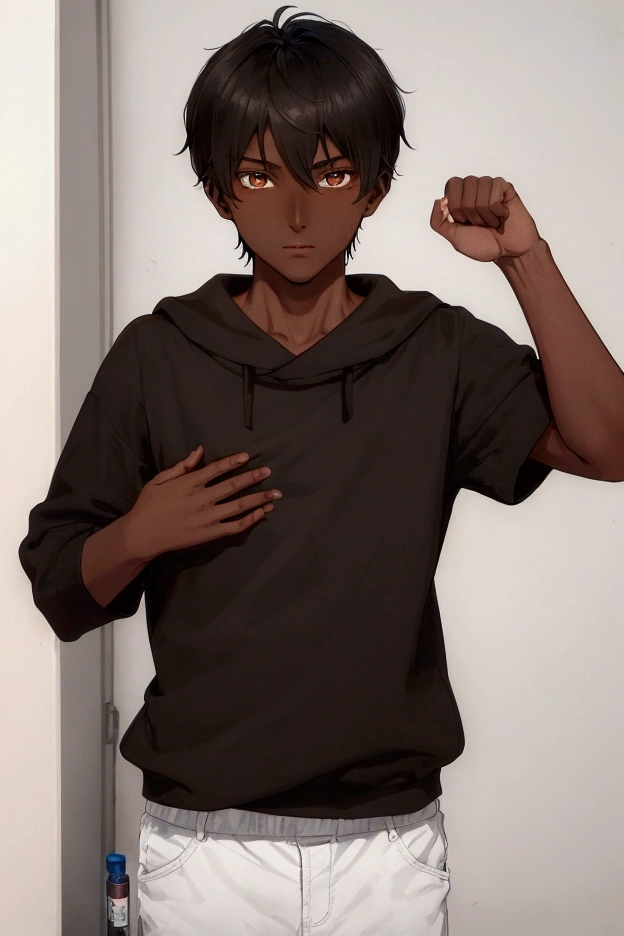 (Boy1),(17 year old ager),(average physical body),(height 1.80cm),(dark skin color:1.5),(Physical features of the face are a thick flat nose and oval face and brown eyes and a thinner large mouth), (and medium physical body)