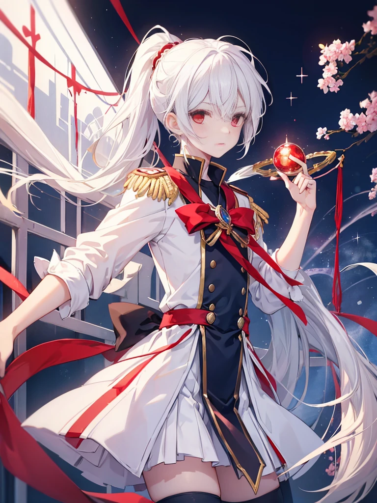 1boy, ((white hair)), beautiful boy, ((red eyes)), idol costume, ponytail, ((navy)), ((magical girl dressing))