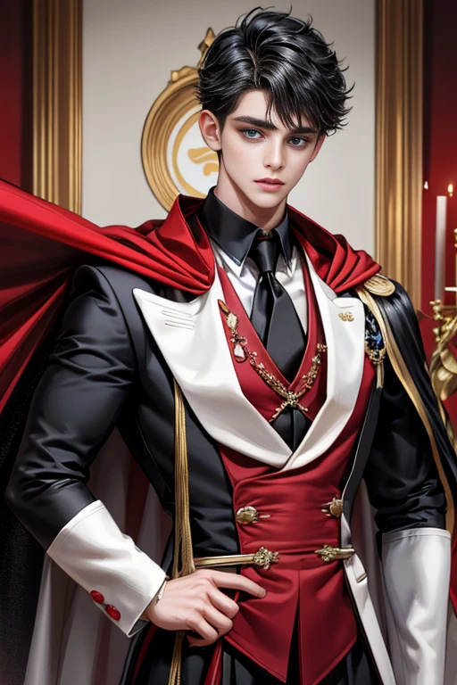 masterpiece, 最high quality, high quality, 1 boy, alone, Male focus, Upper Body,Watching the audience, Messy black hair, Adorable big blue eyes, White, Noble, Noble,A black and red cape that is bursting with sexy volume、Tuxedo、A very voluminous, large, very large, very large, long, long red and black cape with a high stand-up collar, made of a lot of fabric that reaches down to the floor., ,cute beautiful,Cute, cute, kind, handsome guy