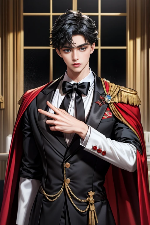 masterpiece, 最high quality, high quality, 1 boy, alone, Male focus, Upper Body,Watching the audience, Messy black hair, Adorable big blue eyes, White, Noble, Noble,A black and red cape that is bursting with sexy volume、Tuxedo、A very voluminous, large, very large, very large, long, long red and black cape with a high stand-up collar, made of a lot of fabric that reaches down to the floor., ,cute beautiful,Cute, cute, kind, handsome guy