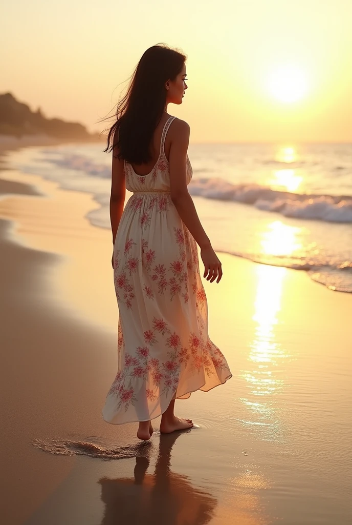 (photorealism:1.2), Indian girl , round face, straight hair,Wearing a flowy maxi dress with floral patterns, she is strolling along the sandy shores of a beach at dawn, with the gentle waves touching her feet and the first light of day illuminating the horizon. Same scene different pose