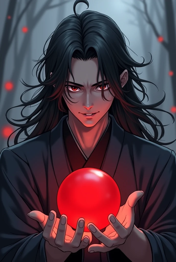 black haired, cold looking man, black eyes, long hair, majestic features, wearing a kimono, holding a glowing red ball of energy in his hand, novel cover.