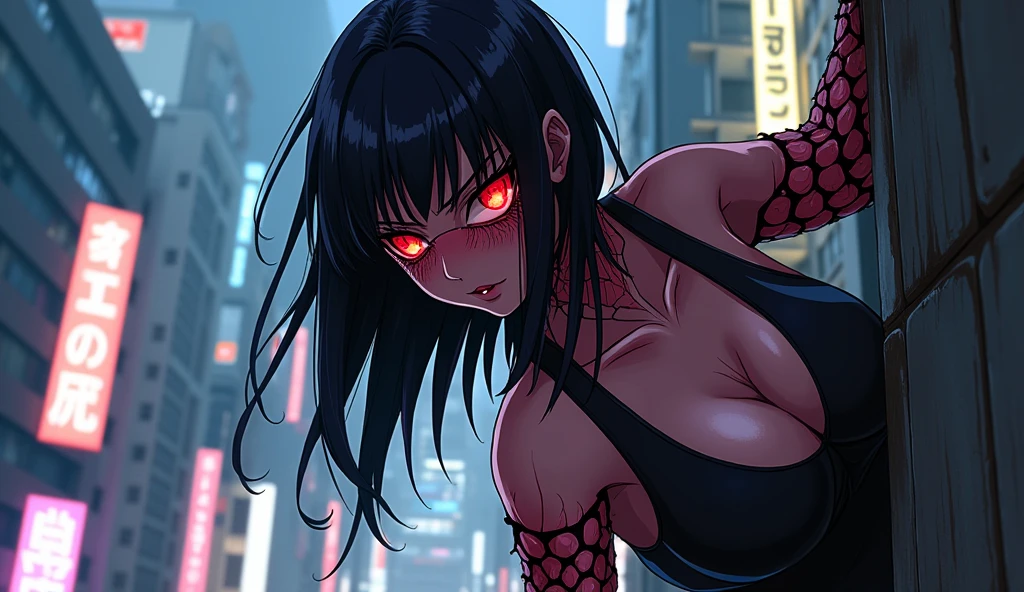 A sharp anime-style image of a red-eyed spider demon jorogumo climbing a building, wearing a black tank top, long straight black hair with bangs, with the background being Tokyo.