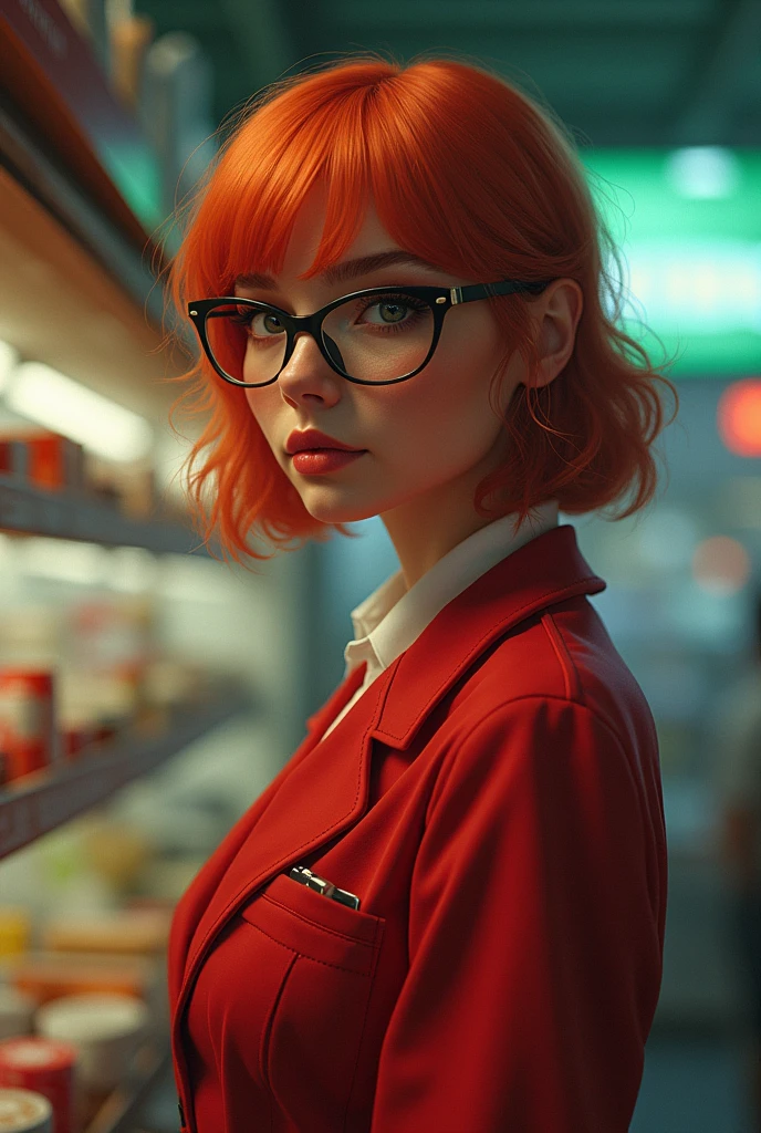 Caucasian female, balconista da macacu drugstore. with red uniform, macacu drugstore, Chanel red hair, with glasses and in a dream world, tdh