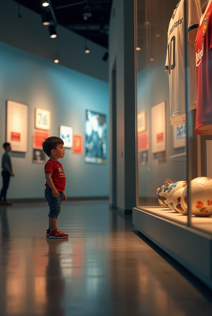 Child of 1,45 with visiting a football exhibition with only him at the museum